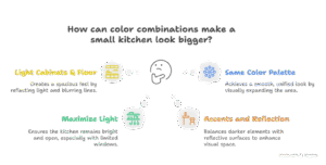 How can color combinations make a small kitchen look bigger